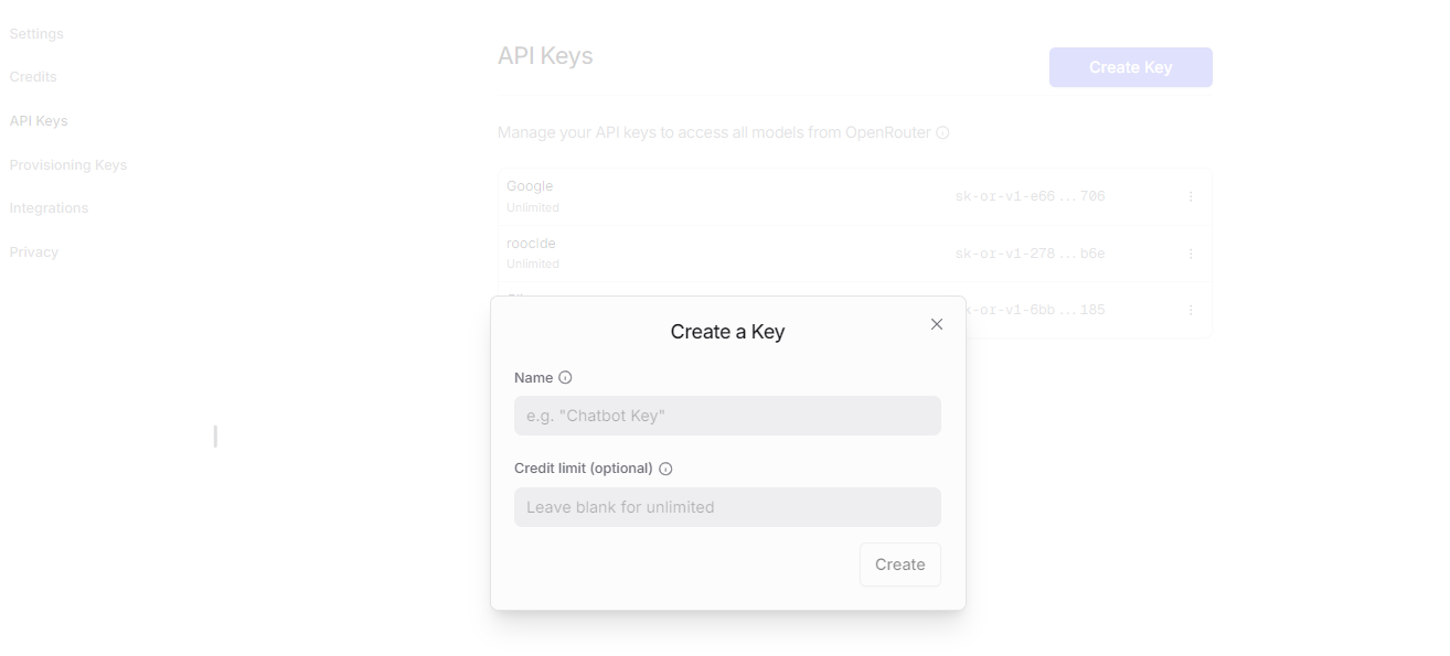 OpenRouter API key generation page