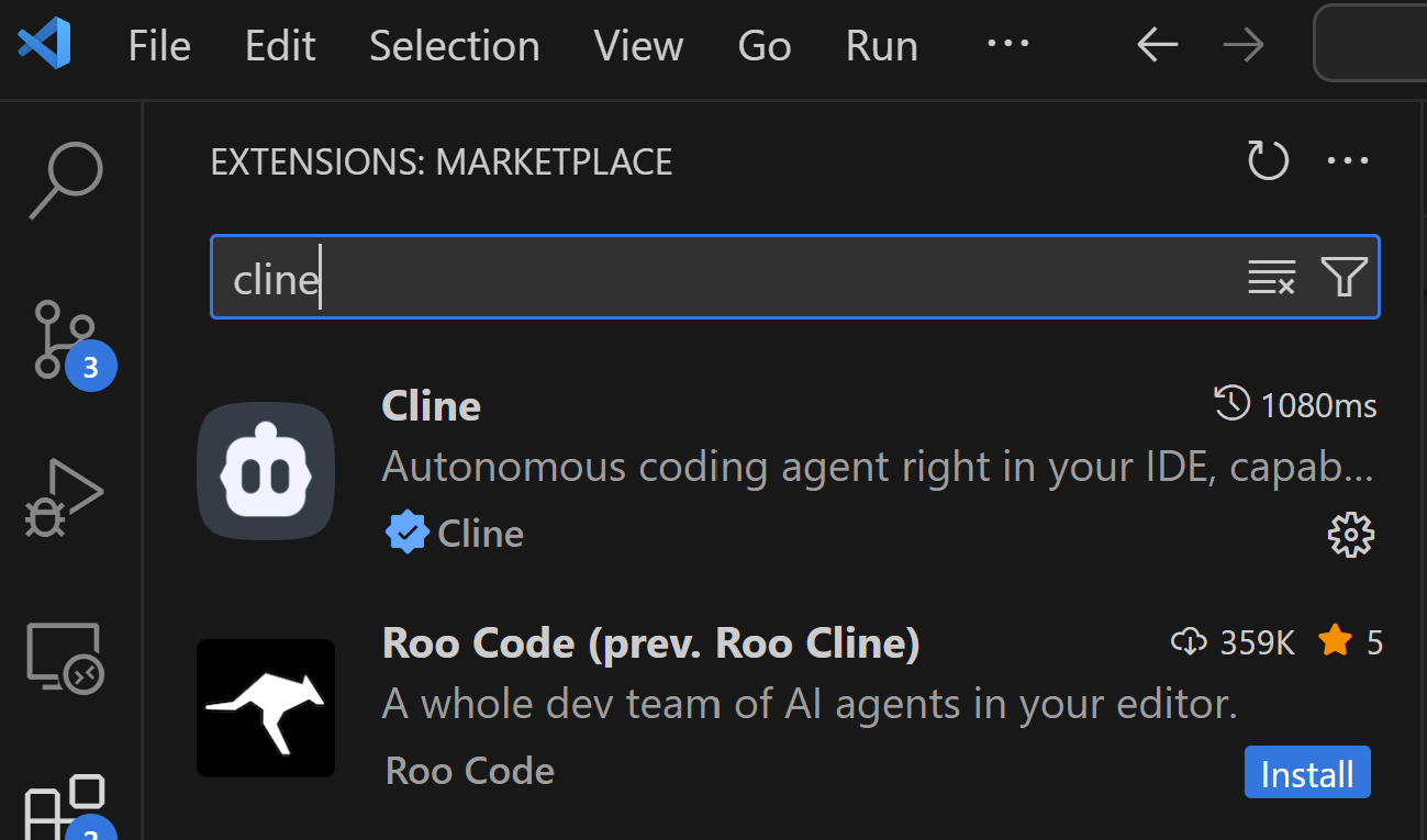 Cline extension installation screenshot