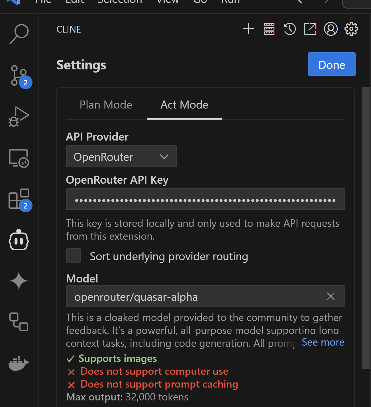 Cline extension settings with OpenRouter API key